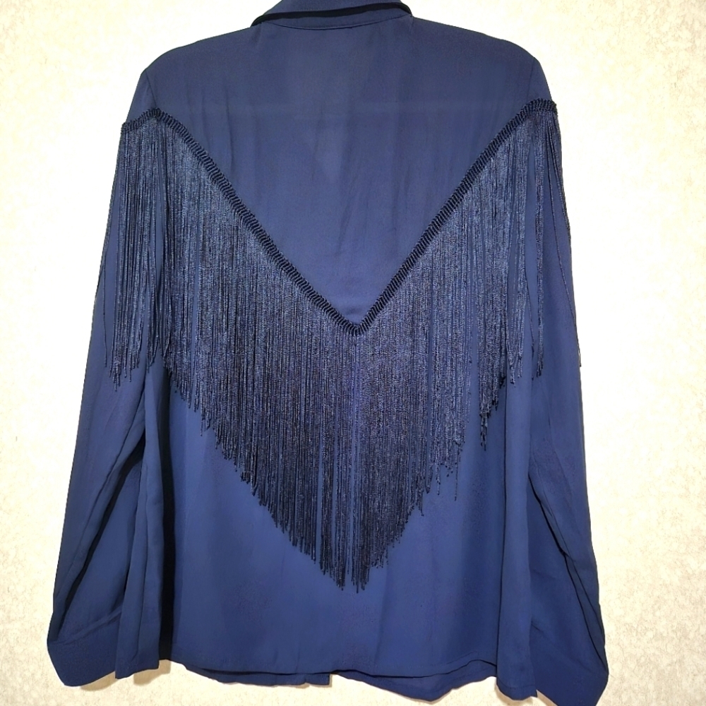 NEW...Chic Navy Fringe Button-Up Shirt..SIZE:L - Picture 10 of 13